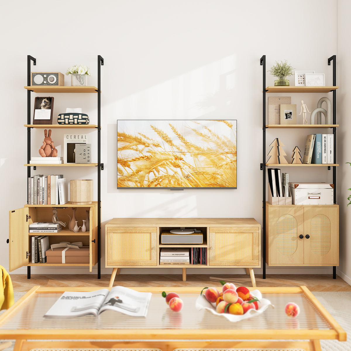 Bookcase with Rattan Cabinet and Adjustable Shelf-Natural