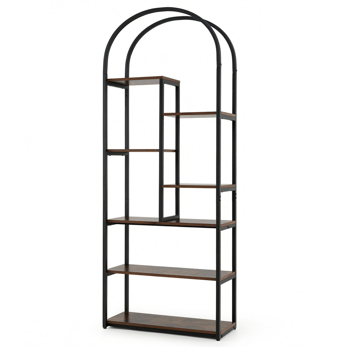 Bookshelf Industrial Arched Bookcase with 7 Open Shelves-Rustic Brown