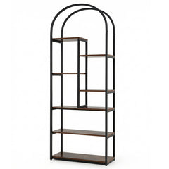 Bookshelf Industrial Arched Bookcase with 7 Open Shelves-Rustic Brown