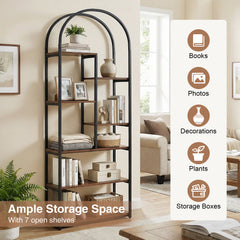 Bookshelf Industrial Arched Bookcase with 7 Open Shelves-Rustic Brown