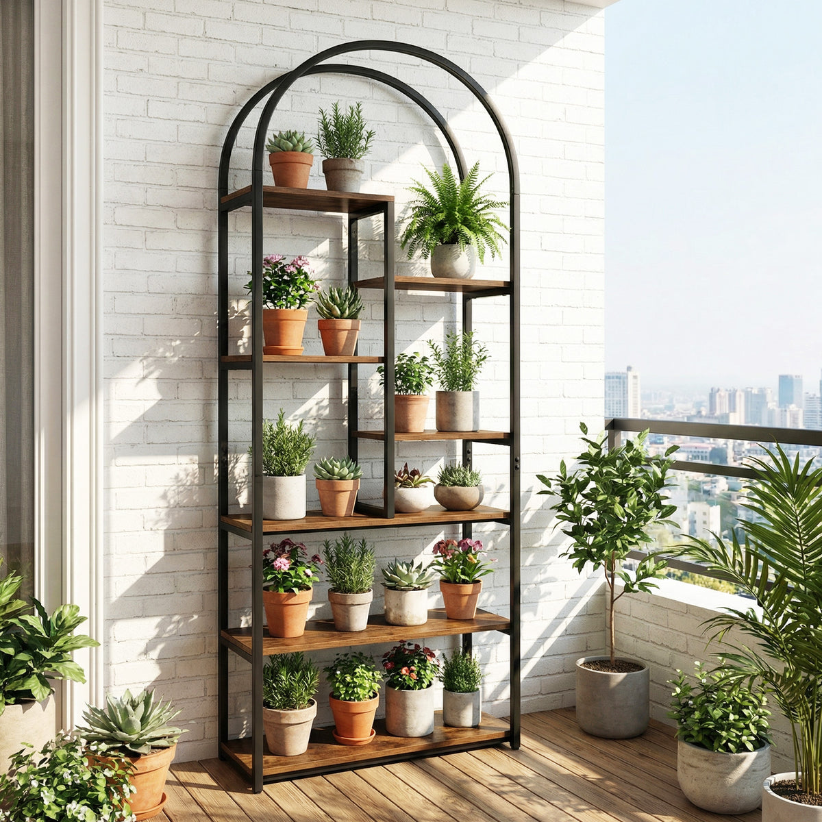 Bookshelf Industrial Arched Bookcase with 7 Open Shelves-Rustic Brown