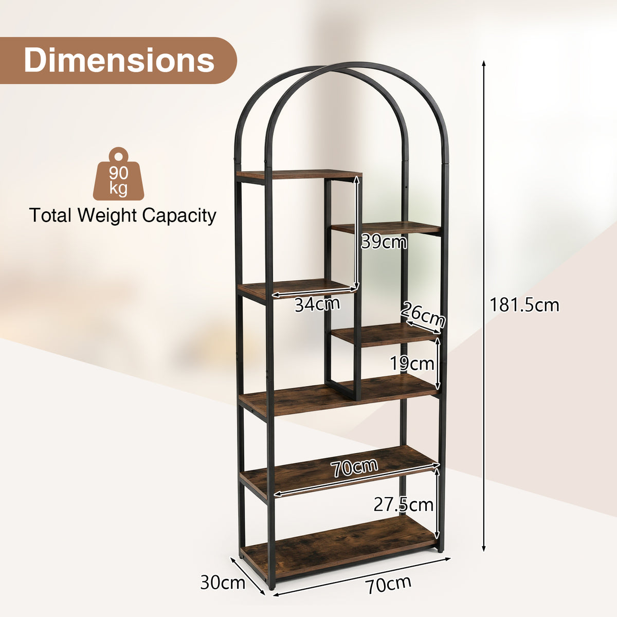 Bookshelf Industrial Arched Bookcase with 7 Open Shelves-Rustic Brown