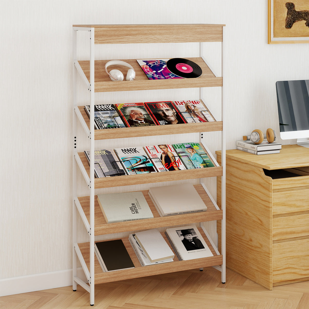 6 Tier Bookshelf with Heavy-Duty Metal Frame for Living Room-Natural