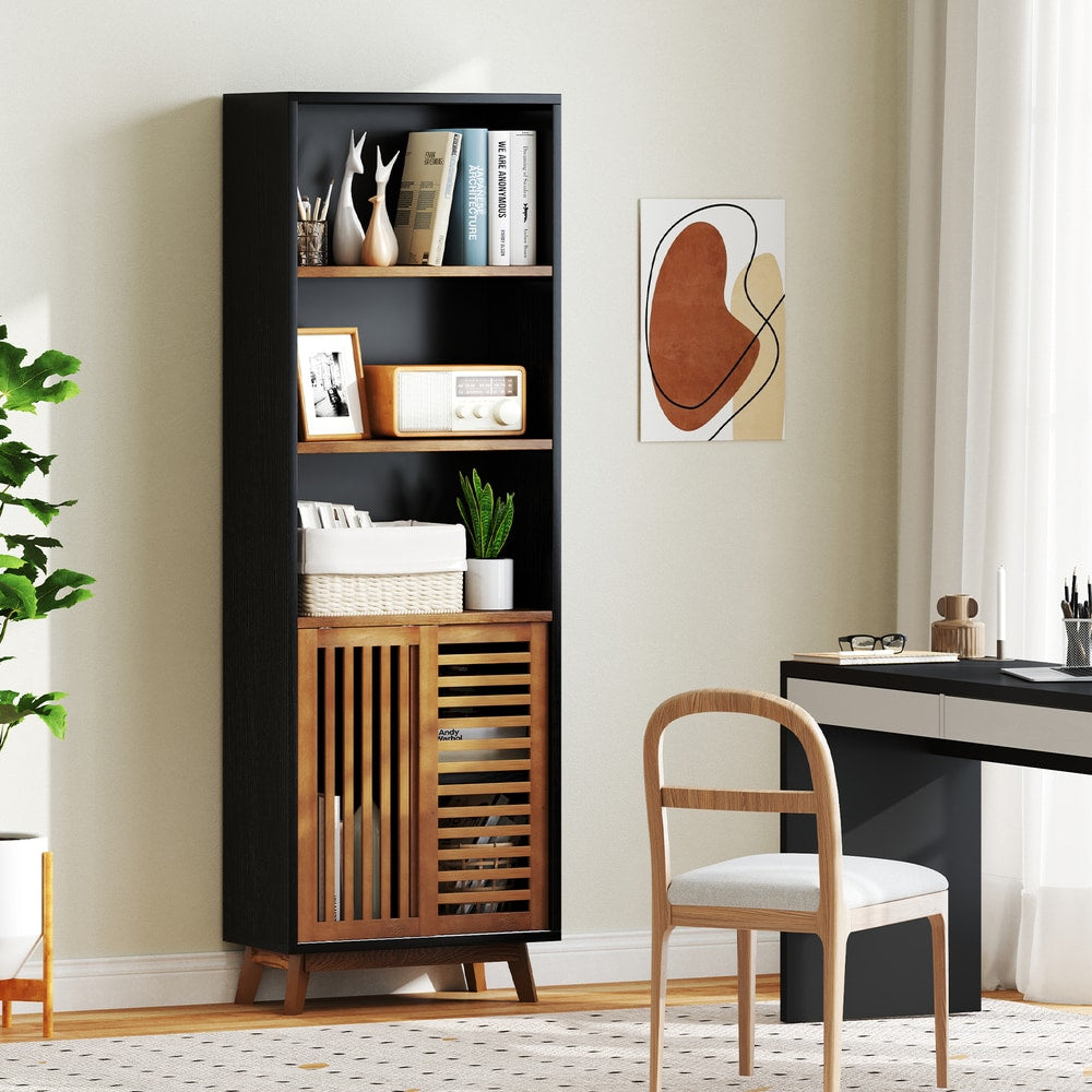 The black five-tier bookcase with a wooden slatted door is shown in a home office setting