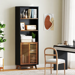The black five-tier bookcase with a wooden slatted door is shown in a home office setting
