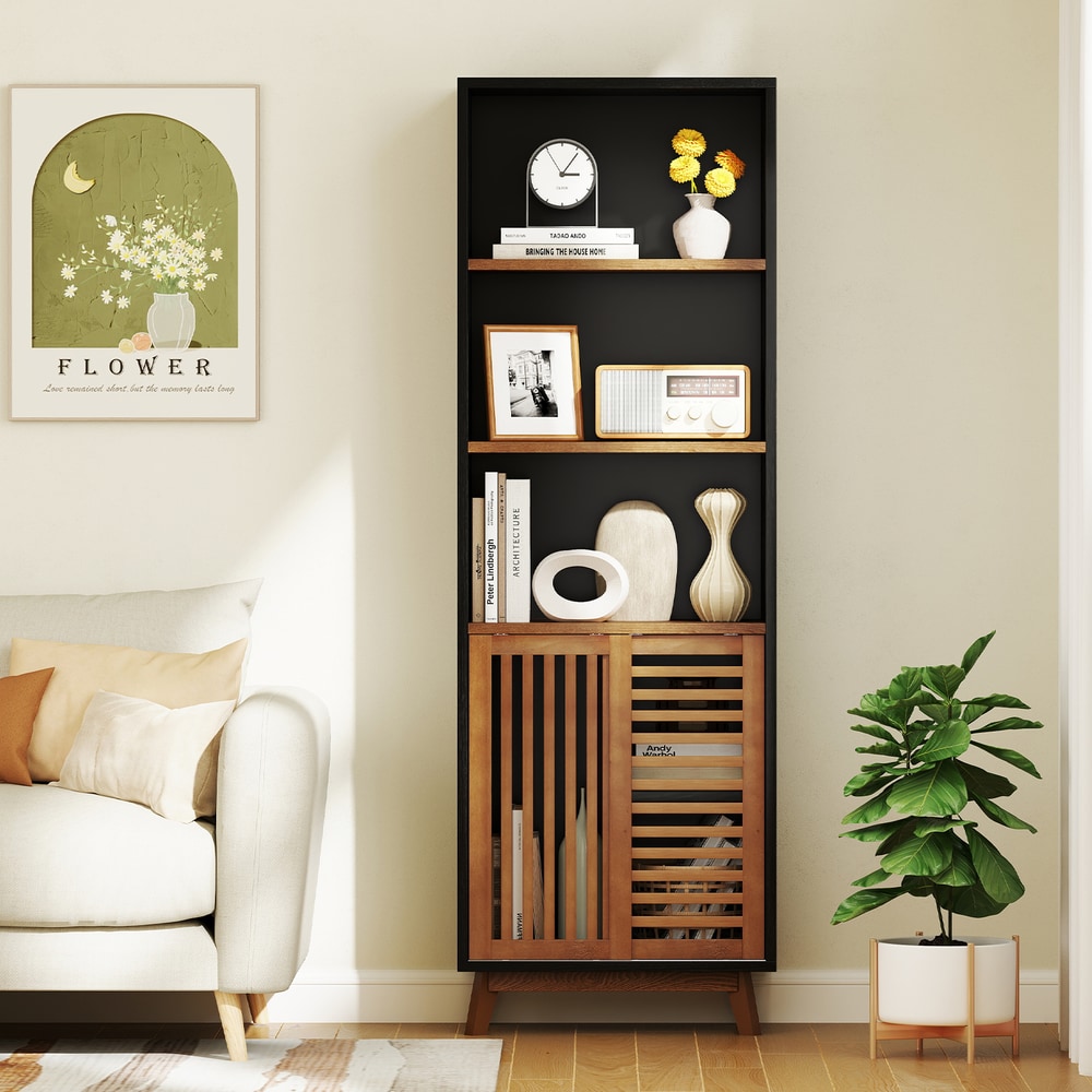 The black five-tier bookcase with a wooden slatted door is displayed in a living room