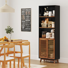 The black five-tier bookcase with a wooden slatted door is used in a dining room
