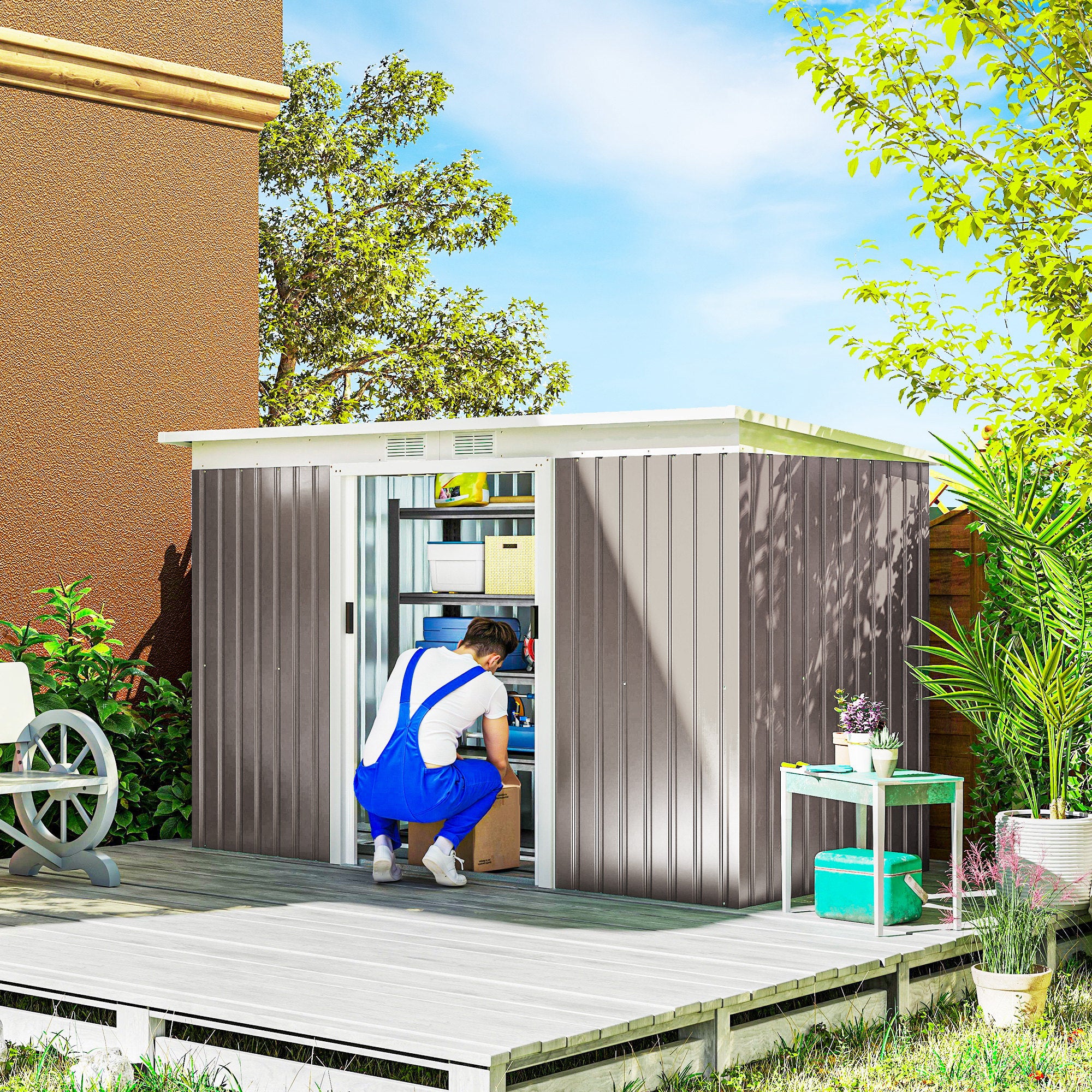 Outsunny Corrugated Garden Metal Storage Shed Outdoor Equipment Tool Box with Kit Ventilation Doors 9x 4FT Light Grey