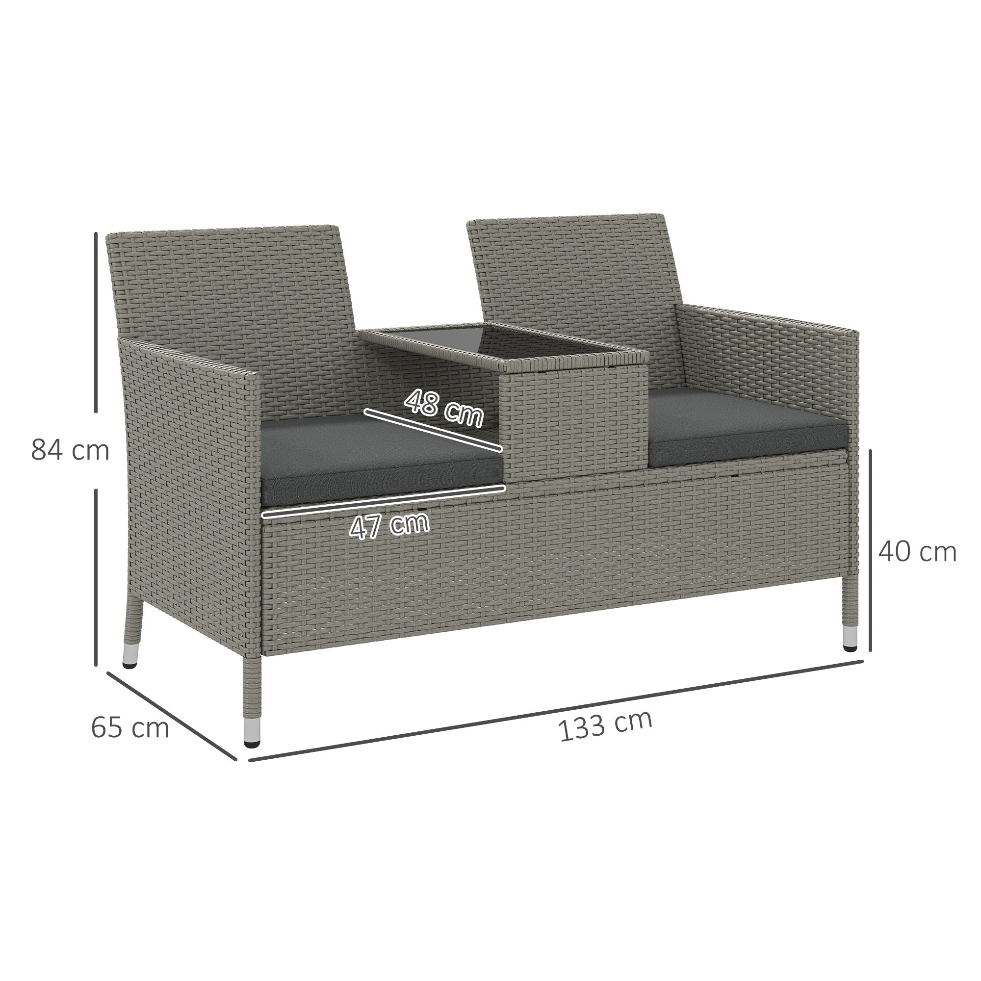 Outsunny 2-Seater PE Rattan Outdoor Garden Bench w/ Centre Table Grey