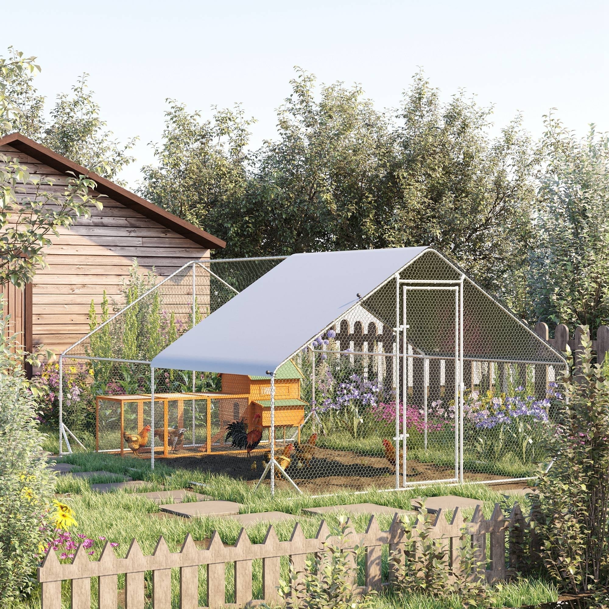 PawHut Chicken Walk-in Run, Galvanised Chicken Coop, Hen Poultry House Cage, Rabbit Hutch Pet Playpen Garden w/ Water-Resist Cover, 3 x 4 x 2m