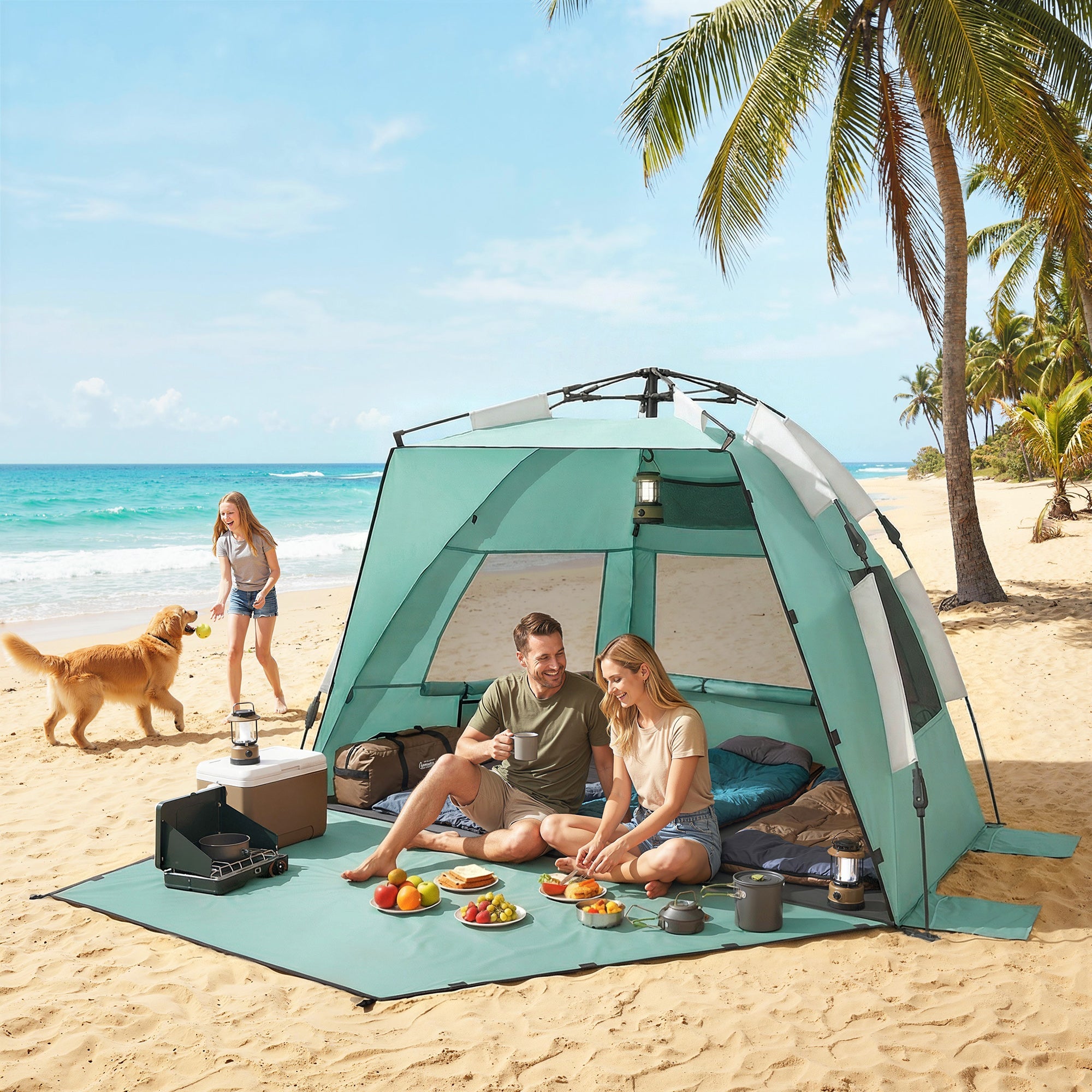 Outsunny 2-3 Person Pop Up Beach Tent, UPF15+ Sun Shelter with Extended Floor, Sandbags, Mesh Windows and Carry Bag, Green