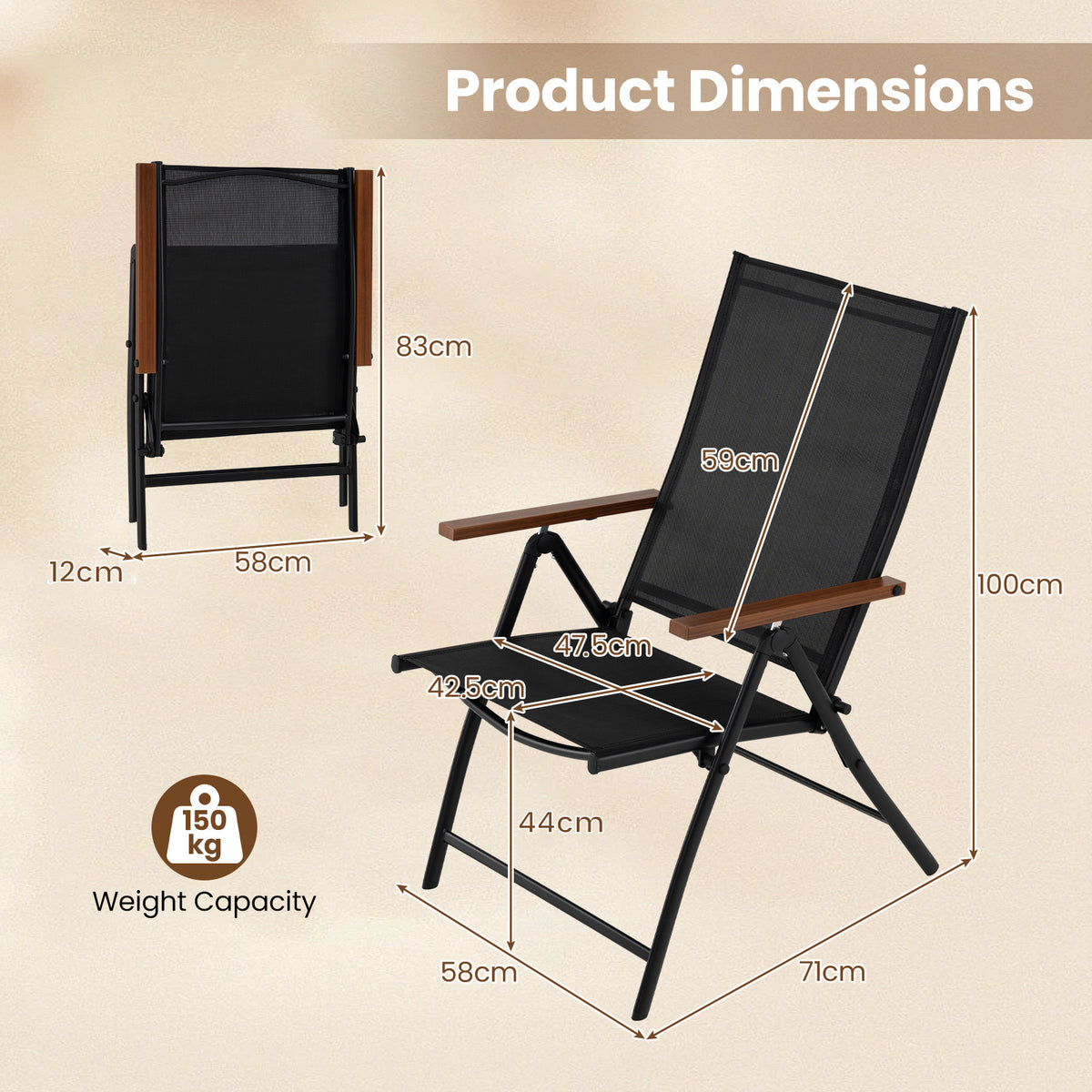 Breathable Fabric Folding Patio Chairs Set of 4-Black