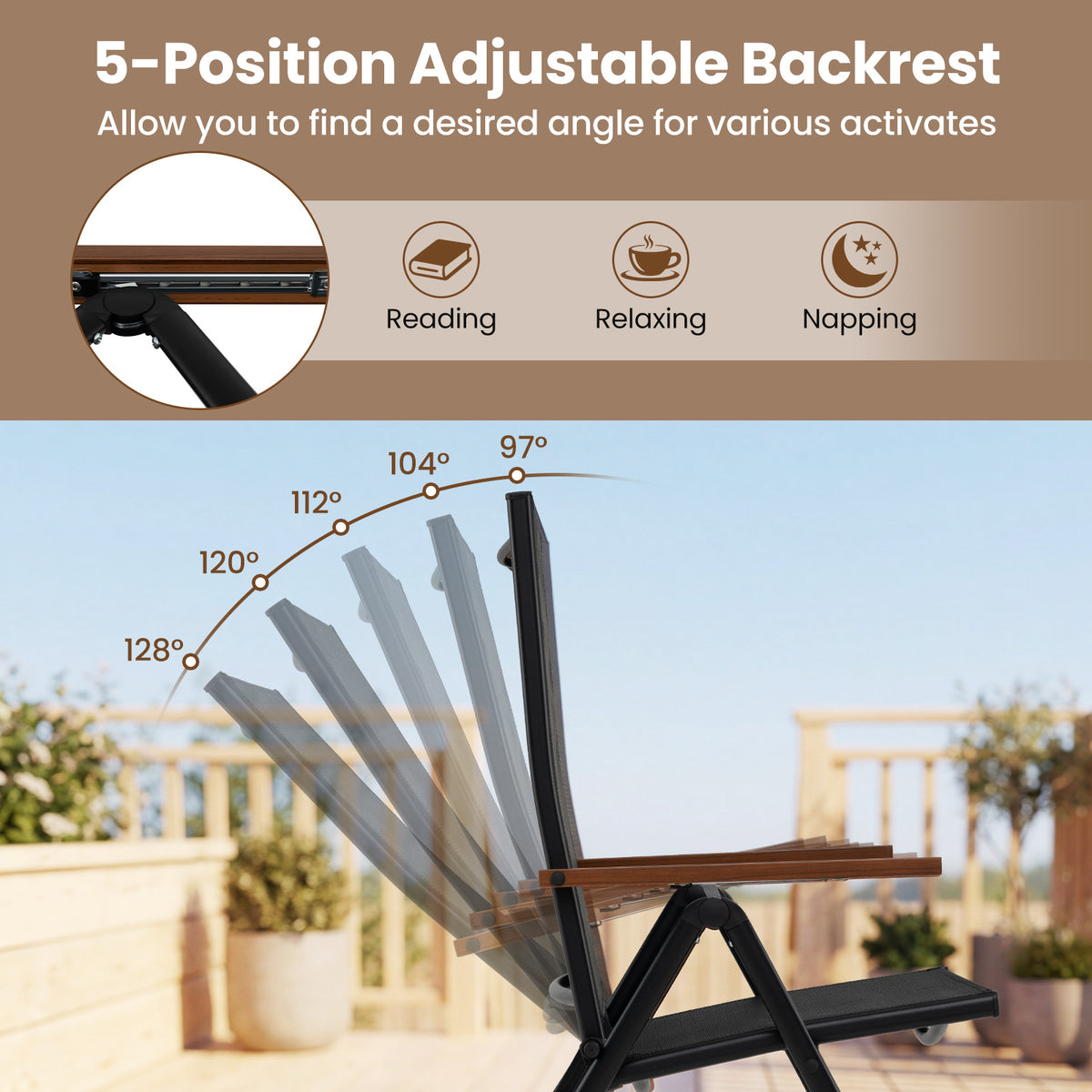 Breathable Fabric Folding Patio Chairs Set of 4-Black