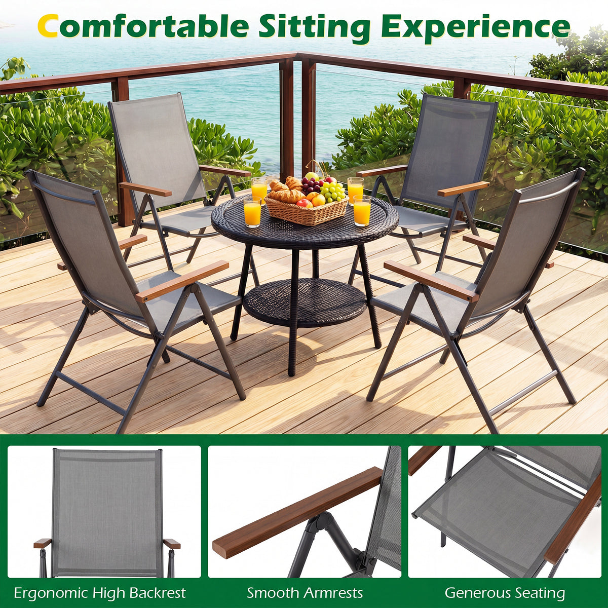 Breathable Fabric Folding Patio Chairs Set of 4-Grey