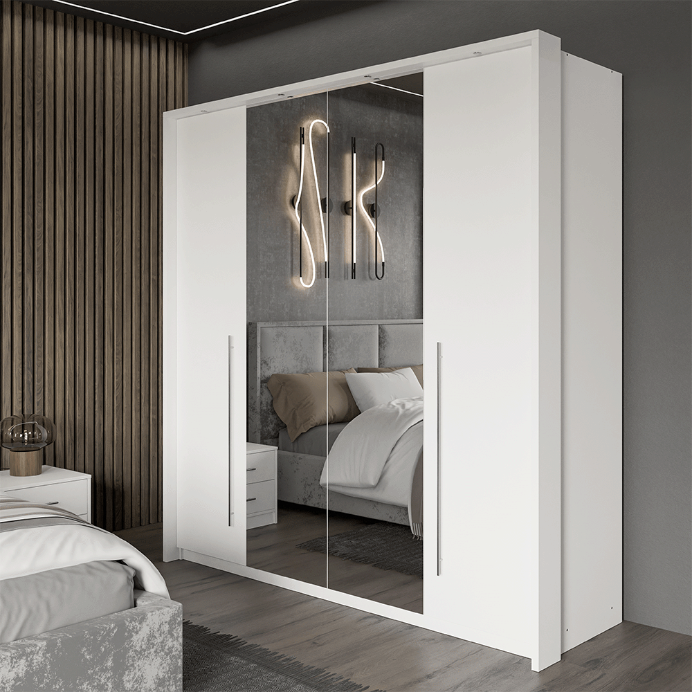 White Mirrored Folding Sliding Door Wardrobe 209cm – DUNHAM