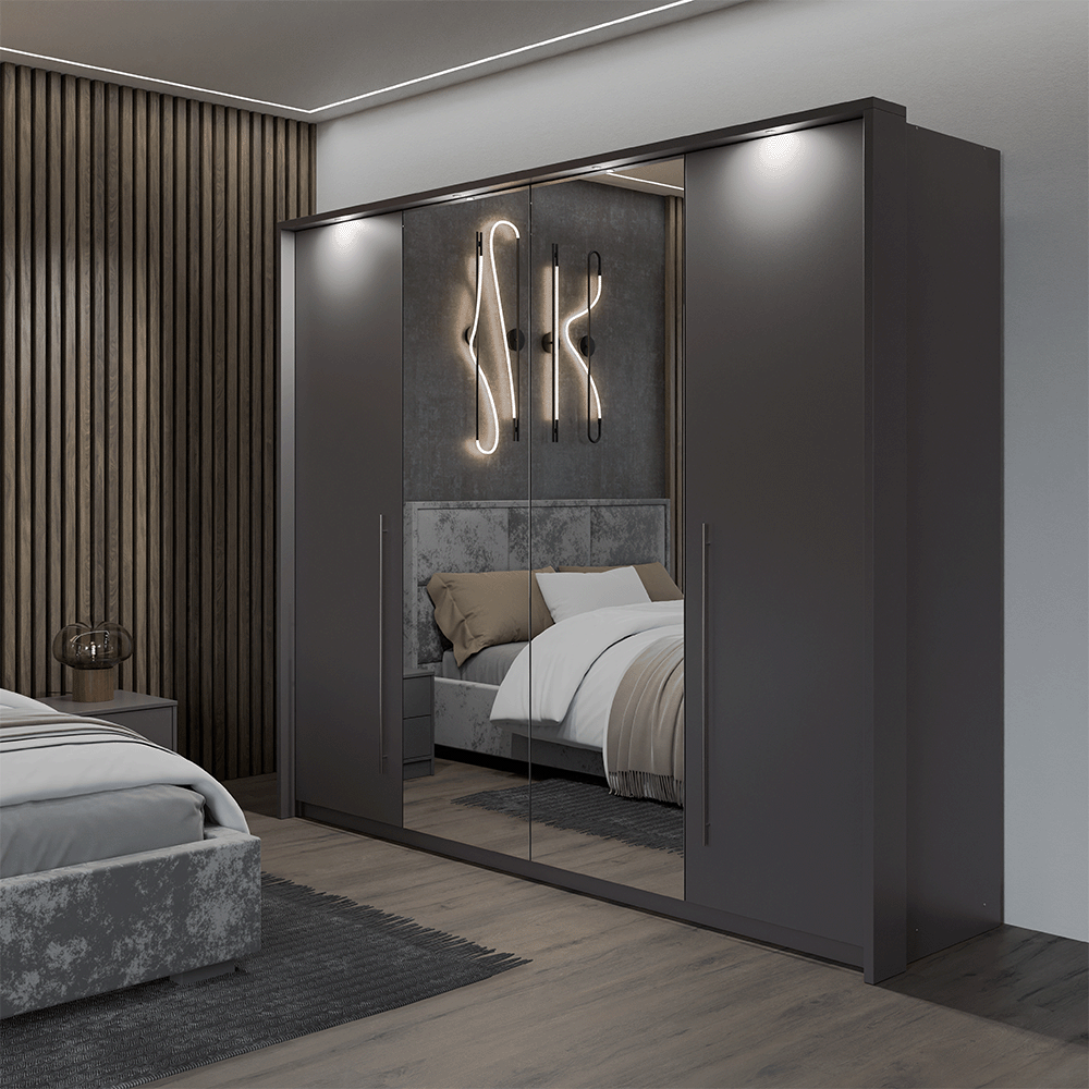Grey Mirrored Folding Sliding Door Wardrobe 255cm – DUNHAM