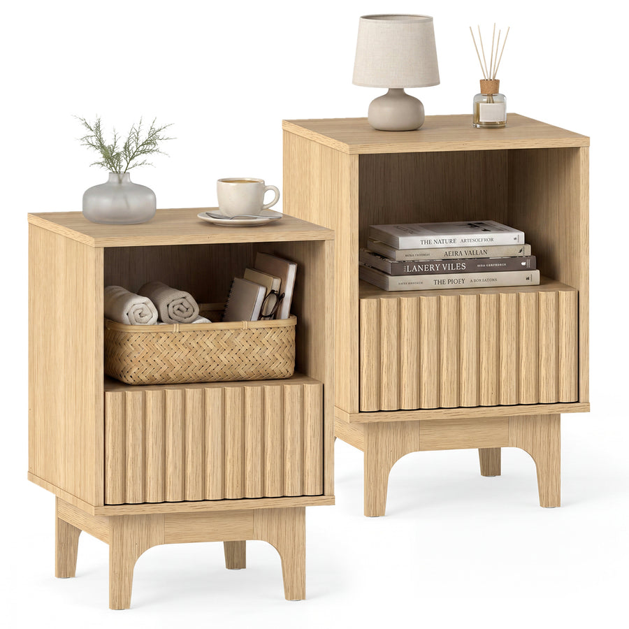 Brooklyn Fluted Modern Nightstand Set of 2 with Compartment-Natural
