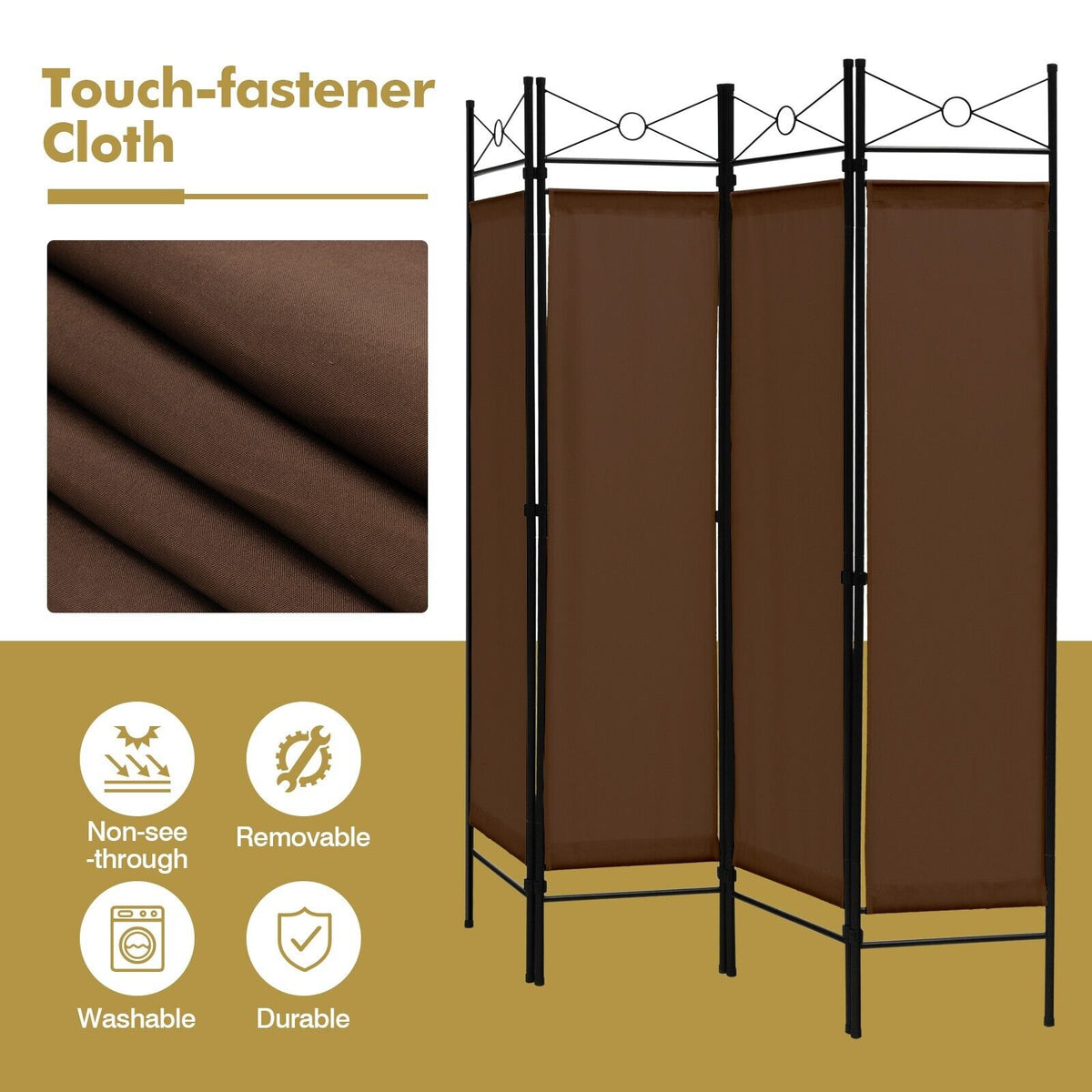 6 Feet 4-Panel Light Weight Room Divider with Polyester Cloth-Brown