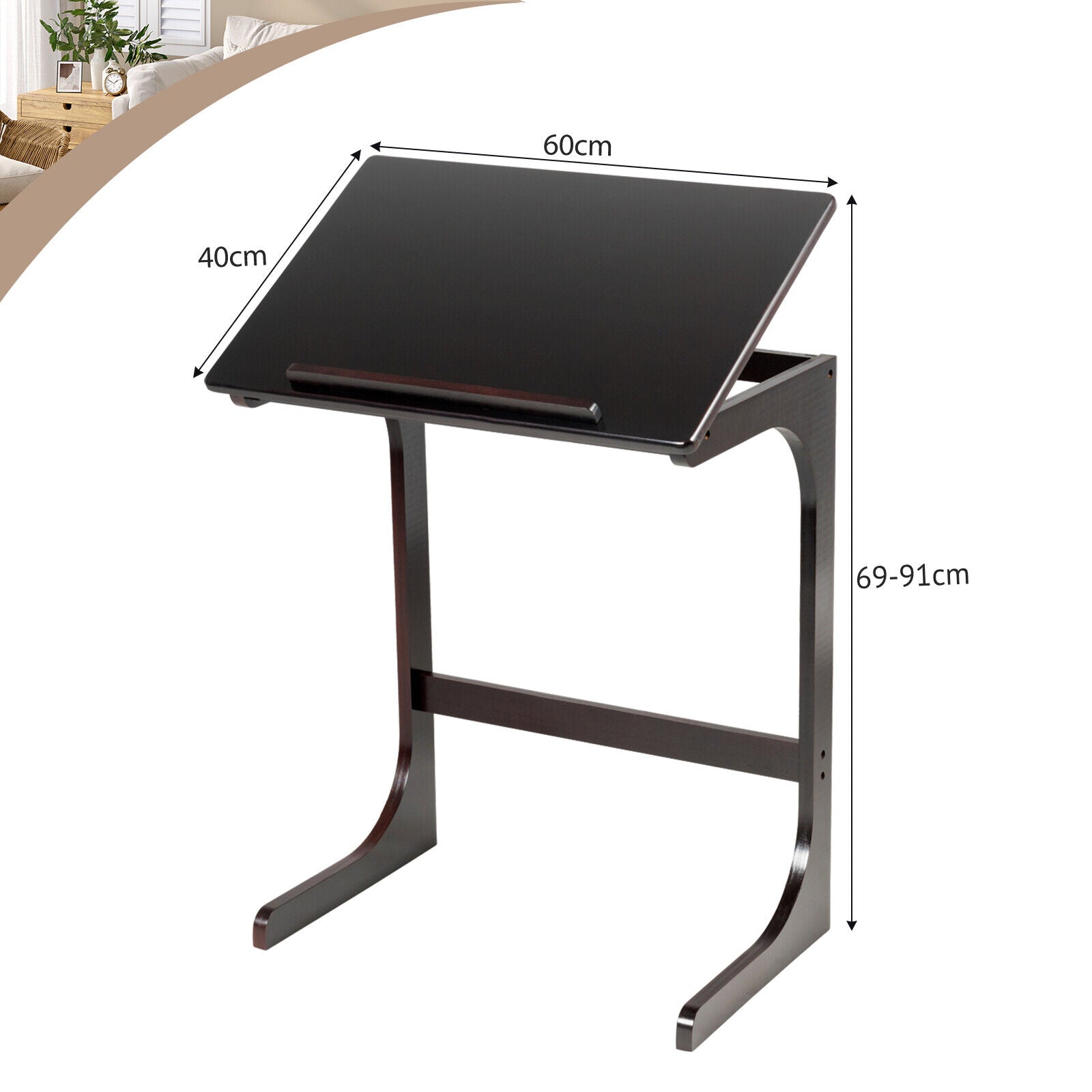 C-ShapedBamboo Side Table with 7 Adjustable Angles-Brown