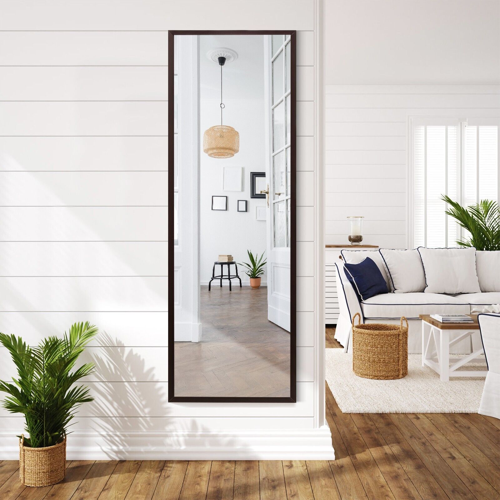 Full Length Wall-Mounted Mirror with Height Adjusting Hooks-Brown