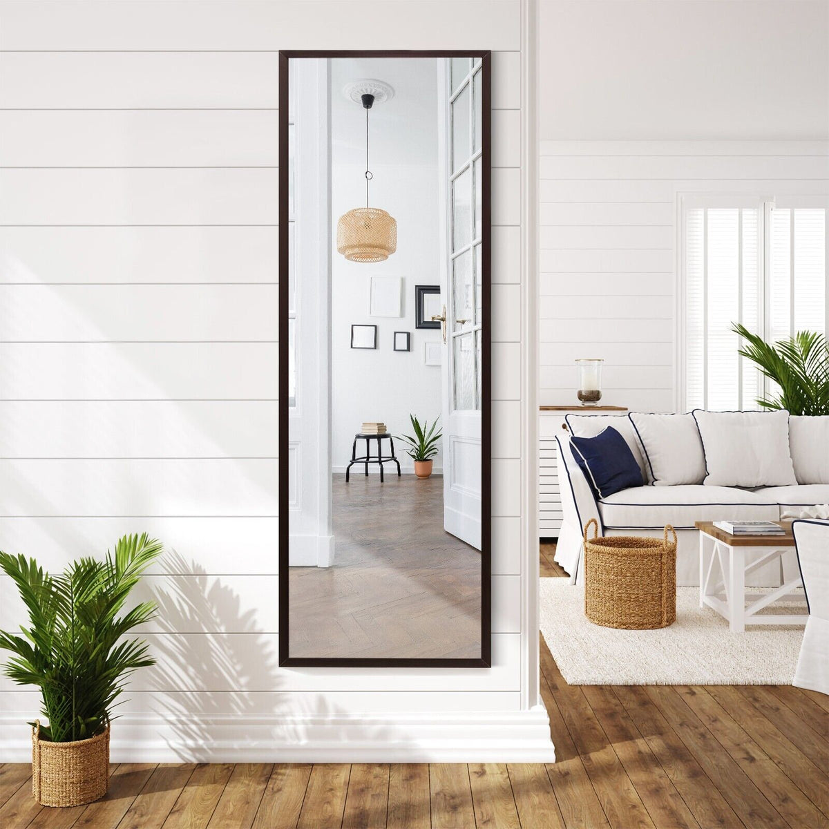 Full Length Wall-Mounted Mirror with Height Adjusting Hooks-Brown