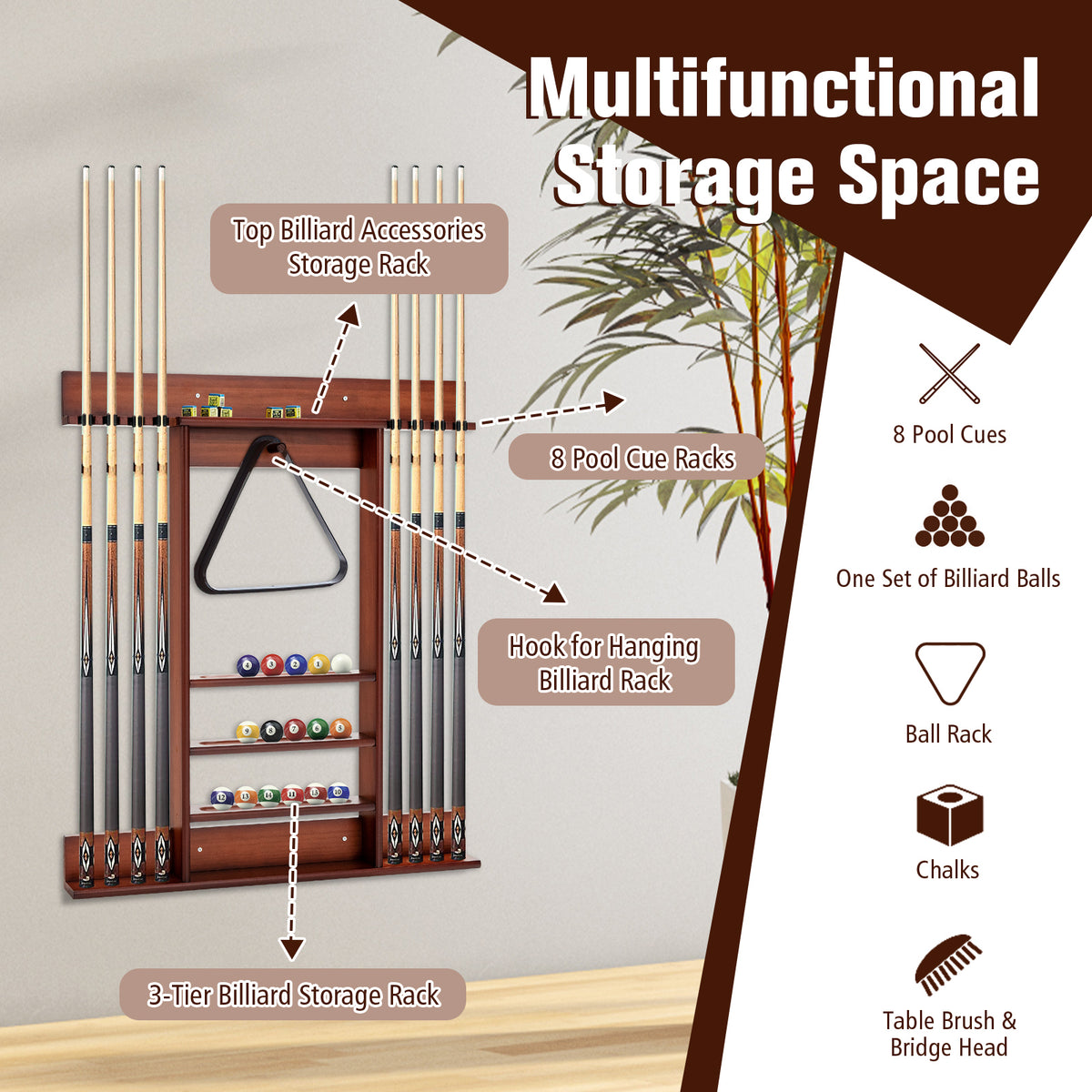 Wall-Mounted Billiards Pool Cue Rack-Brown