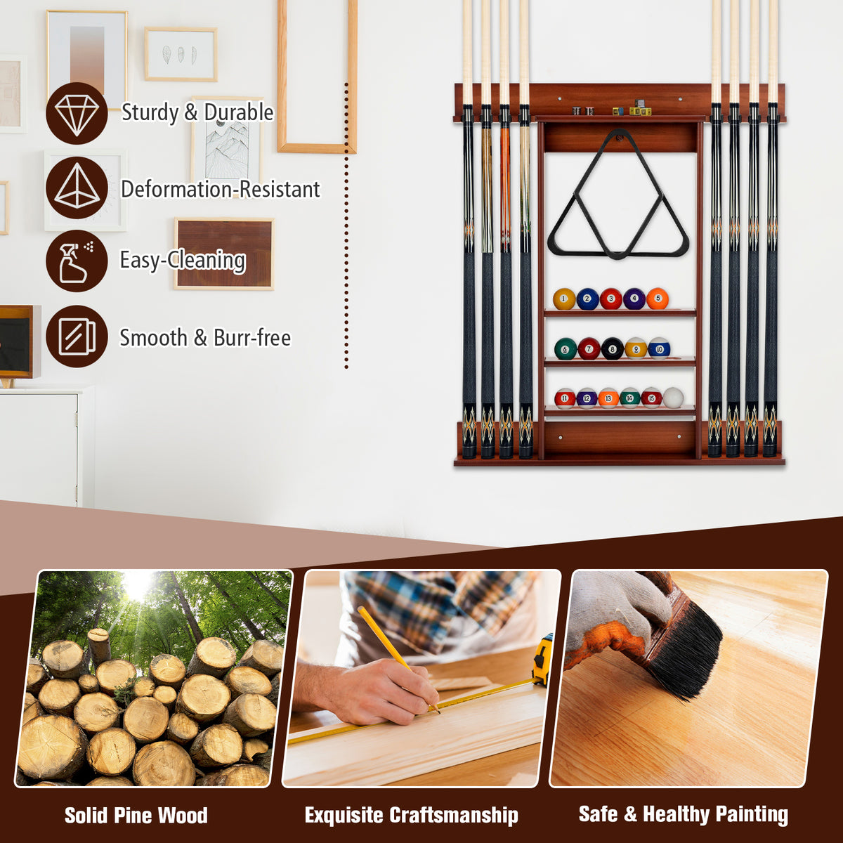 Wall-Mounted Billiards Pool Cue Rack-Brown