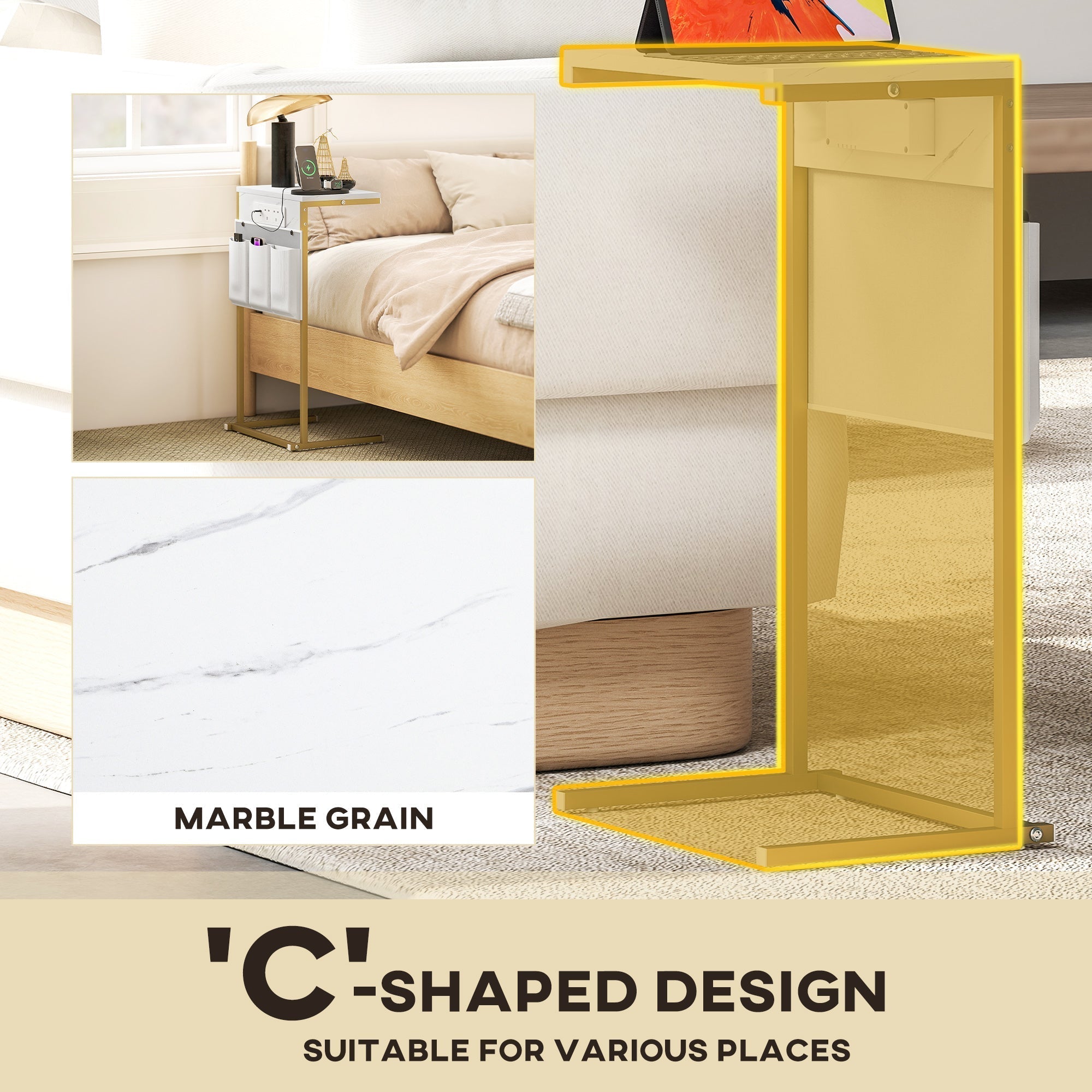 HOMCOM C-Shaped Bedside Table with Charging Station, Marble Grain Side Table with Power Outlets & USB Ports, Storage Bags, for Bedroom, Living Room, White