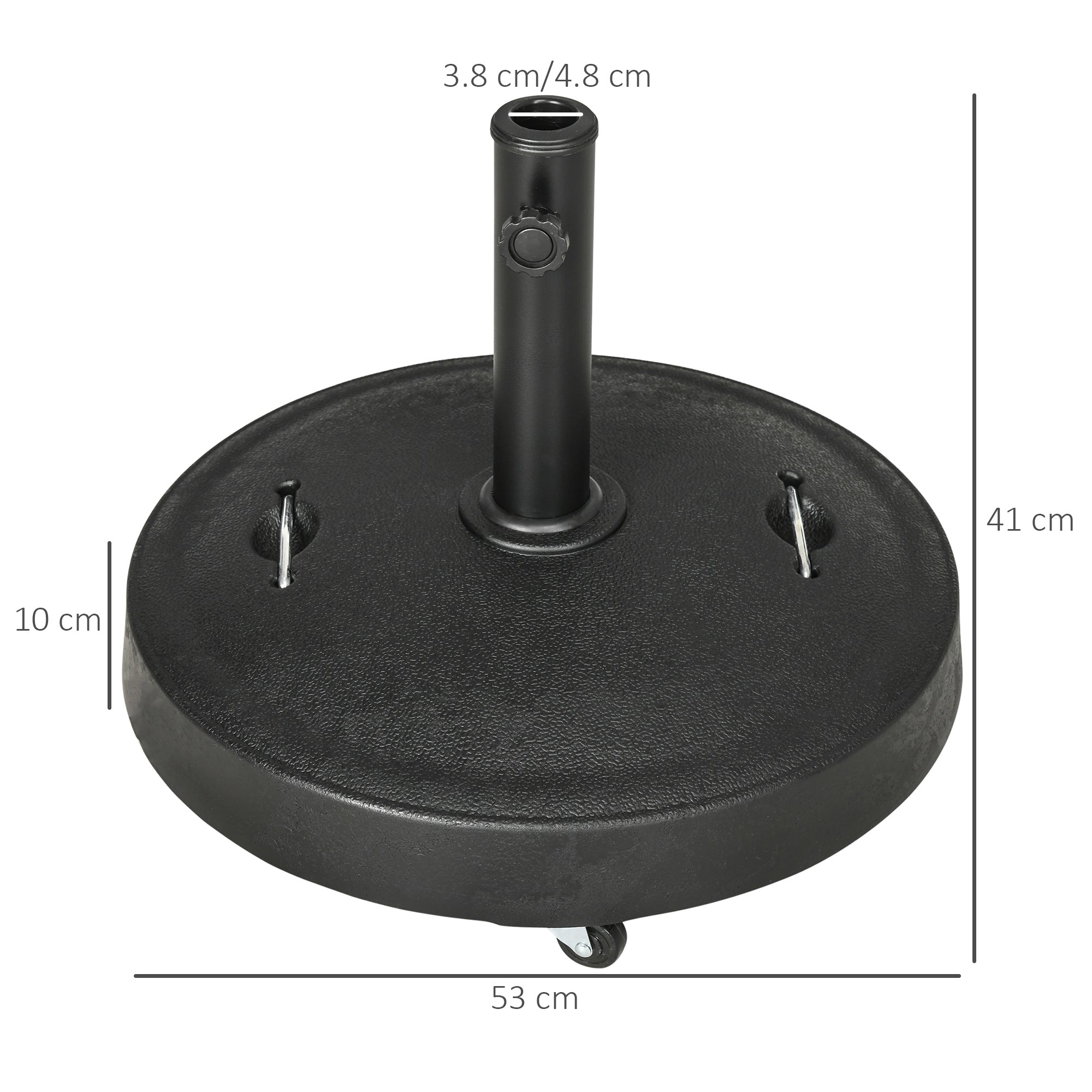 Outsunny 23.5kg Resin Garden Parasol Base with Wheels and Retractable Handles, Round Outdoor Market Umbrella Stand Weight for Poles of 38mm to 48mm, Black
