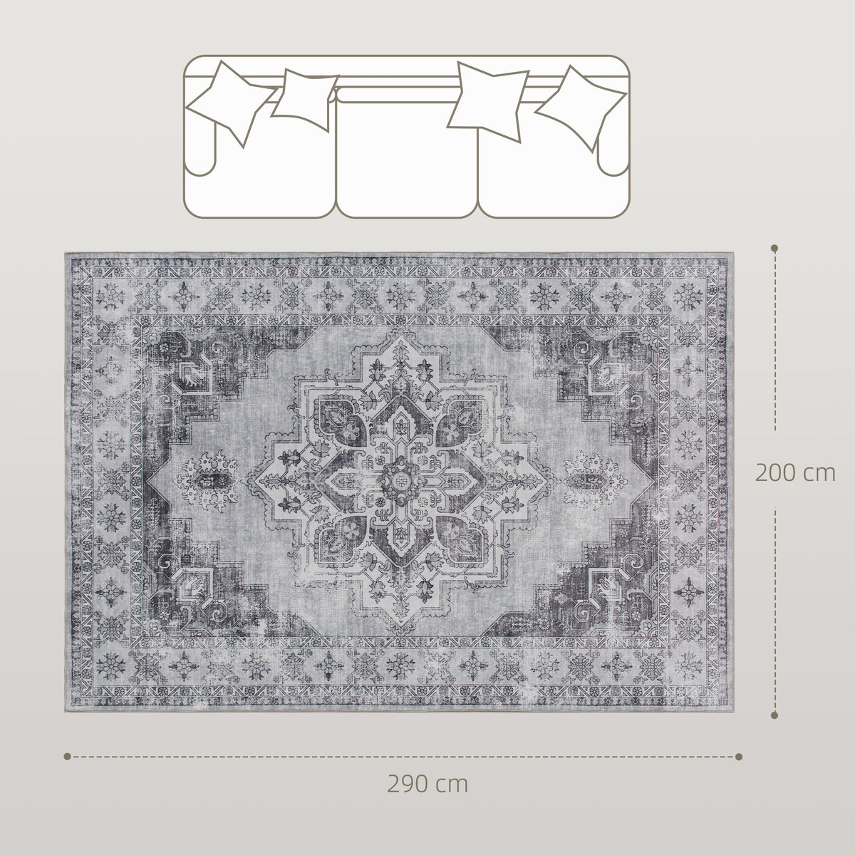 HOMCOM Vintage Area Rug, Non-Slip Washable Rug, Flannel Floor Carpet for Living Room, Bedroom, Dining Room, Home Office, 290 x 200 cm, Grey