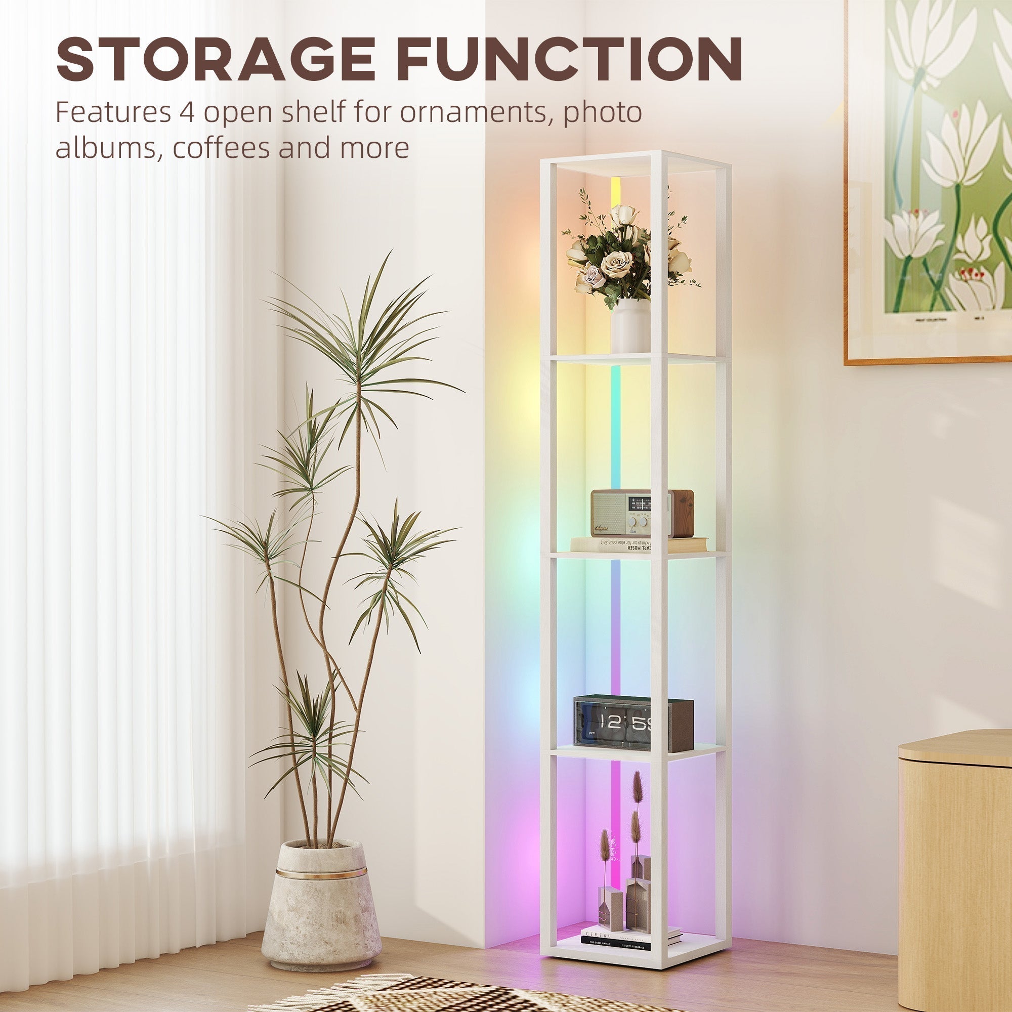 HOMCOM RGB LED Floor Lamp with Shelves, Modern Dimmable Standing Lamp with Remote Control, Adjustable Brightness & Speed for Living Room, Bedroom, Office, White