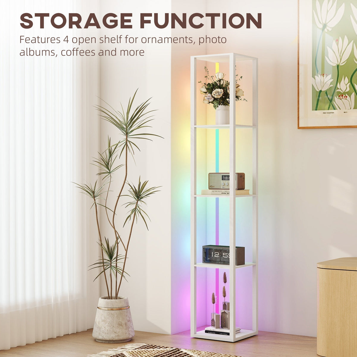 HOMCOM RGB LED Floor Lamp with Shelves, Modern Dimmable Standing Lamp with Remote Control, Adjustable Brightness & Speed for Living Room, Bedroom, Office, White