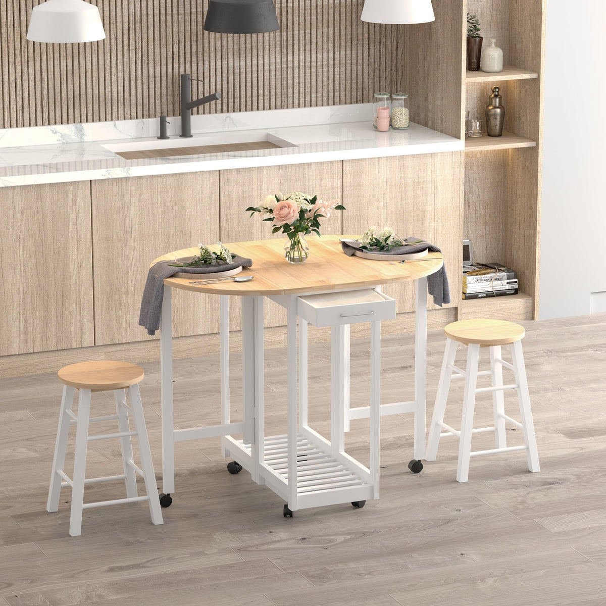 HOMCOM 3 Pieces Dining Room Set, Mobile Foldable Dining Table and 2 Stools with Storage Shelf, 2 Drawers and 6 Wheels, Drop Leaf Bar Table and Stools for Home Kitchen Pub, White
