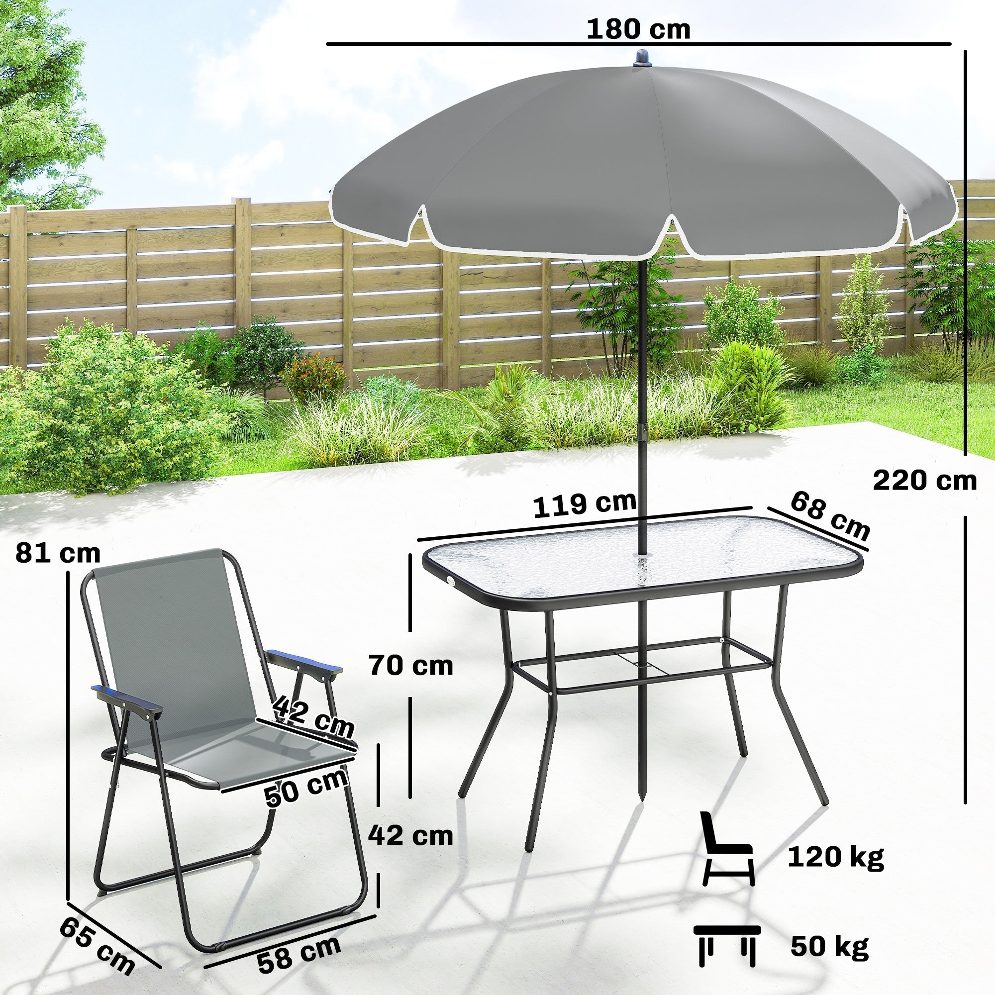 Outsunny 8 Piece Garden Dining Set with Umbrella, Garden Furniture Set with 6 Folding Chairs, Tempered Glass Table for Patio Grey