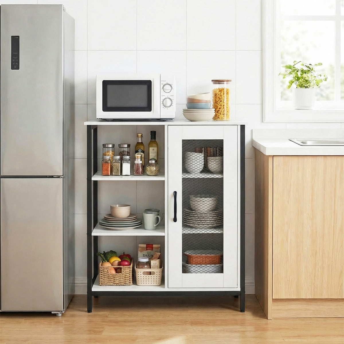 Buffet Cabinet with Adjustable Shelves and Carbon Steel Frame for Living Room-White