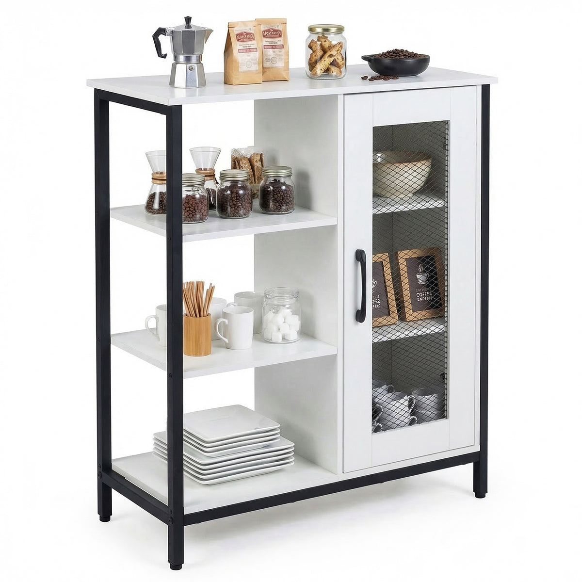 Buffet Cabinet with Adjustable Shelves and Carbon Steel Frame for Living Room-White