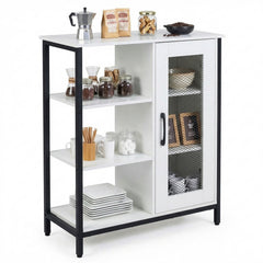 Buffet Cabinet with Adjustable Shelves and Carbon Steel Frame for Living Room-White