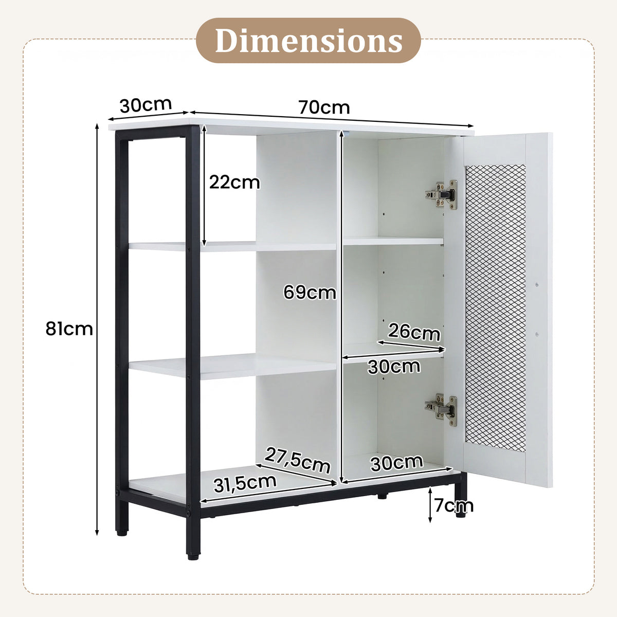 Buffet Cabinet with Adjustable Shelves and Carbon Steel Frame for Living Room-White
