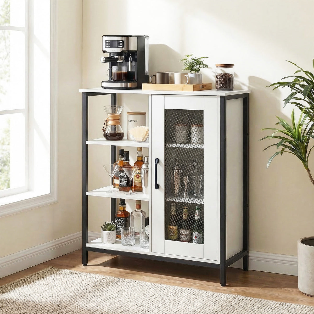 Buffet Cabinet with Adjustable Shelves and Carbon Steel Frame for Living Room-White