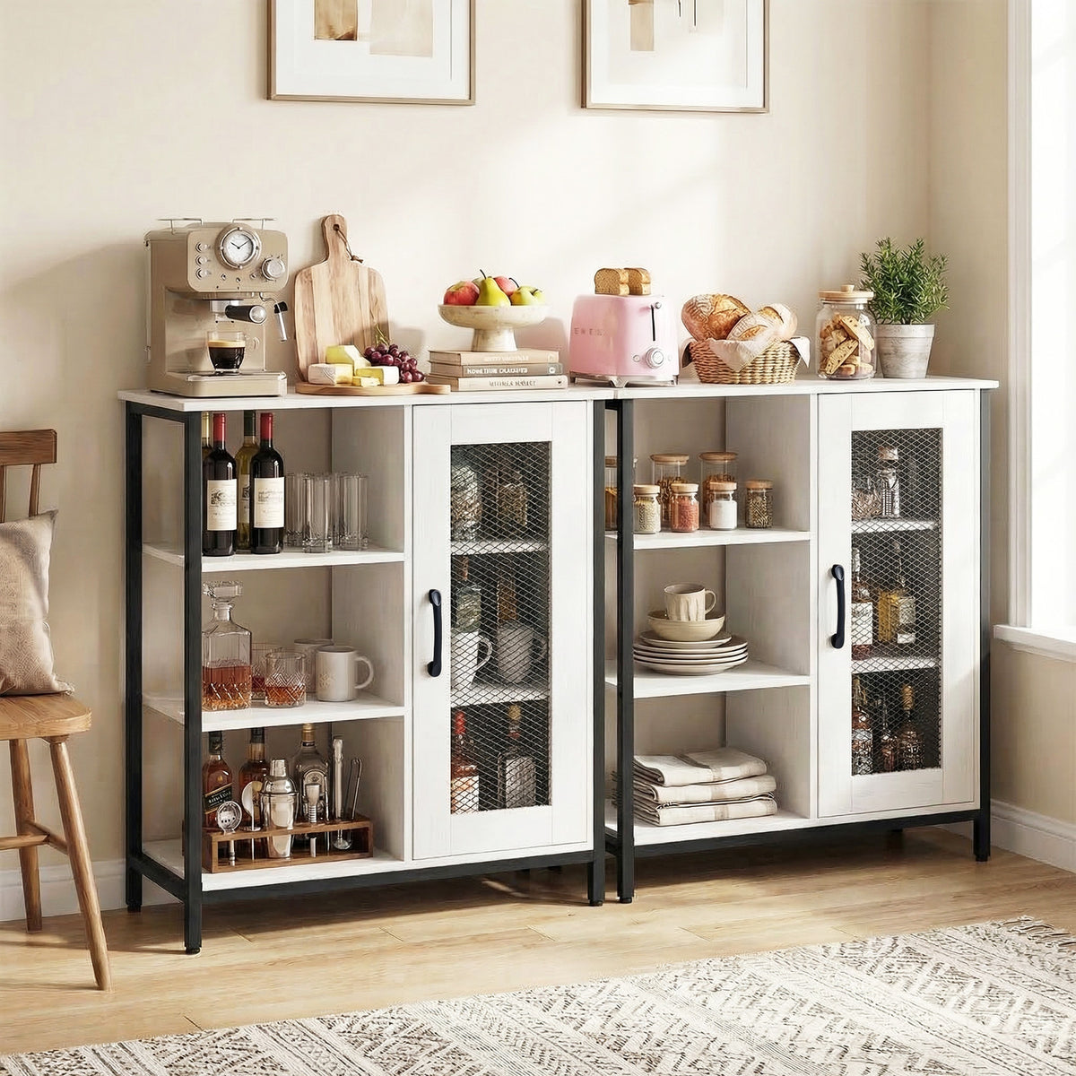 Buffet Cabinet with Adjustable Shelves and Carbon Steel Frame for Living Room-White