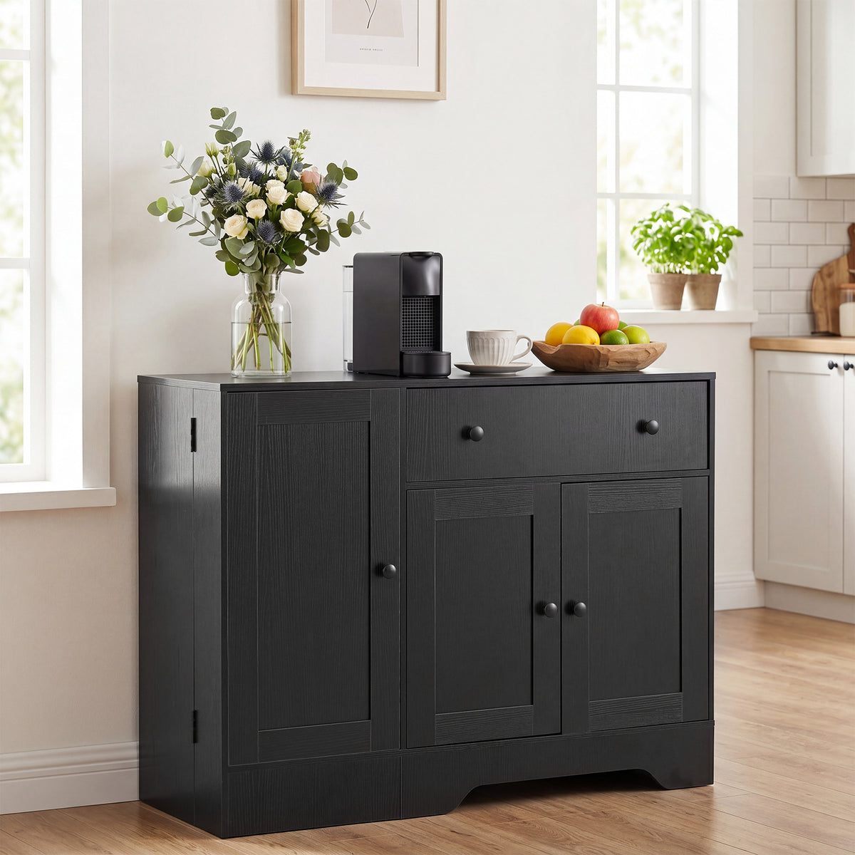 Buffet Cabinet with Storage with 3 Doors Drawers and Shelves-Black