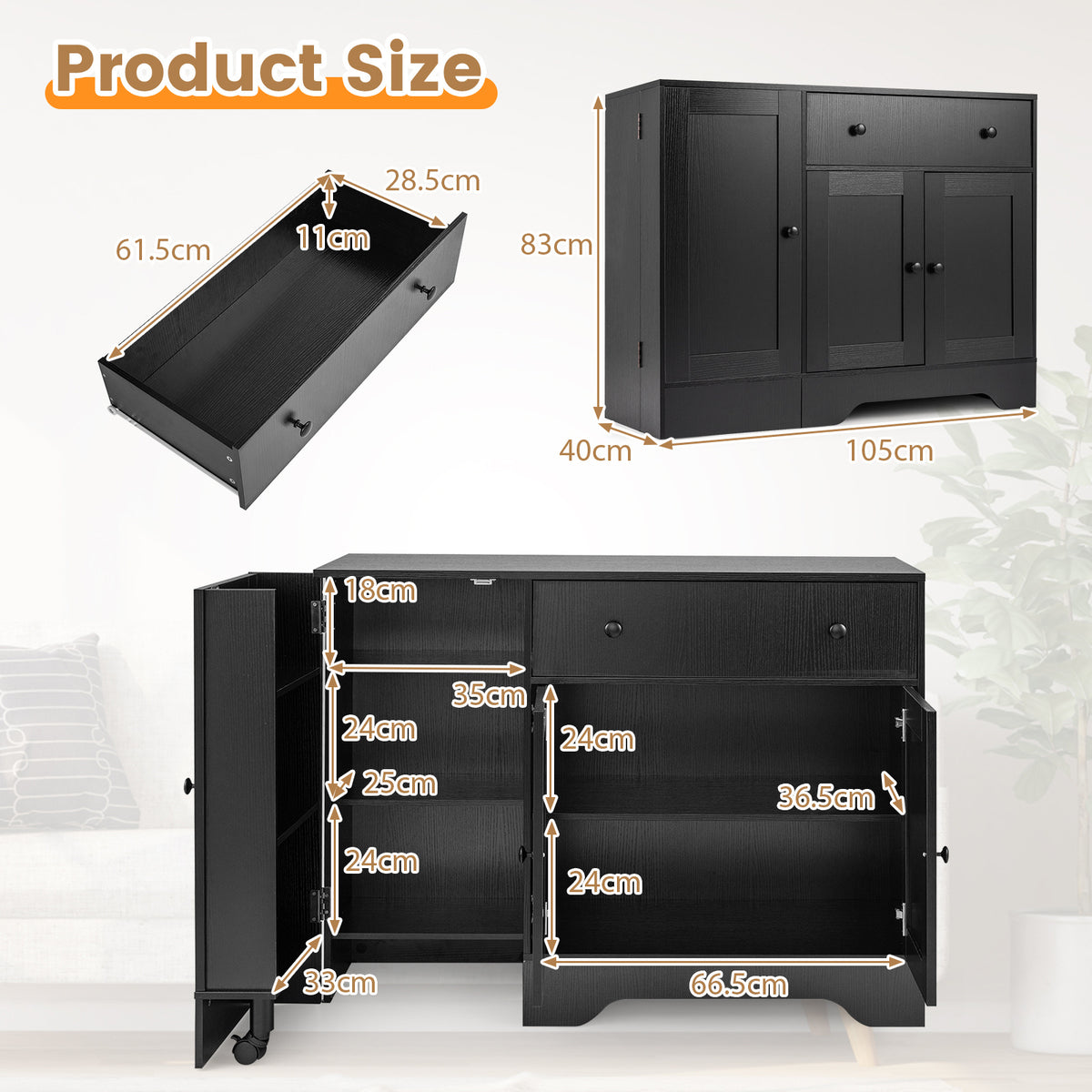 Buffet Cabinet with Storage with 3 Doors Drawers and Shelves-Black