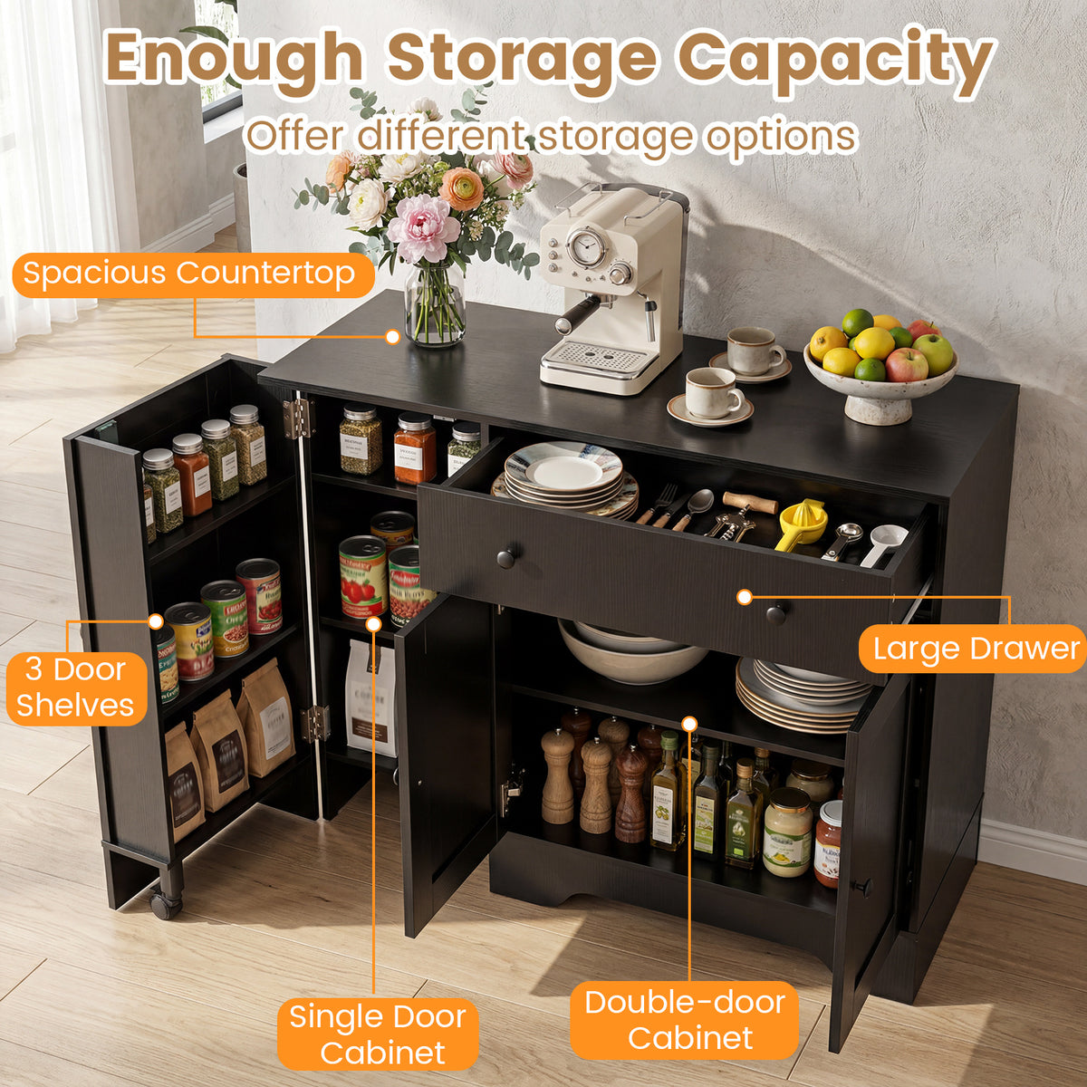 Buffet Cabinet with Storage with 3 Doors Drawers and Shelves-Black