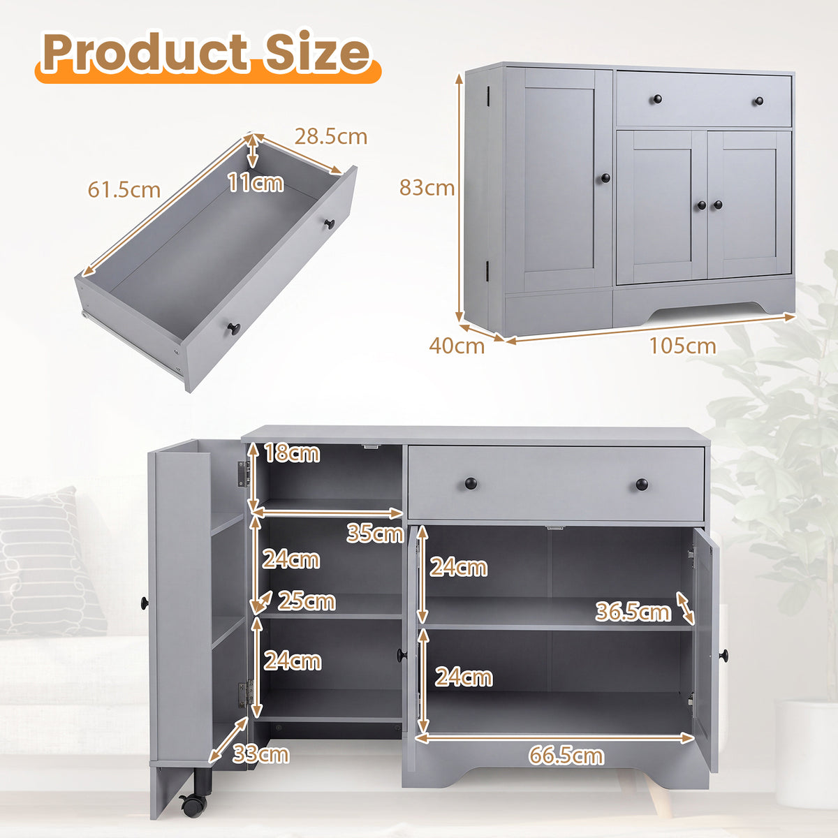 Buffet Cabinet with Storage with 3 Doors Drawers and Shelves-Grey