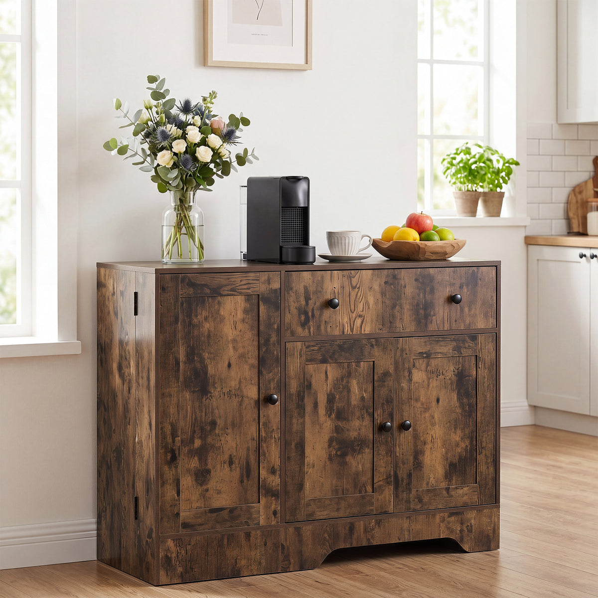Buffet Cabinet with Storage with 3 Doors Drawers and Shelves-Rustic Brown