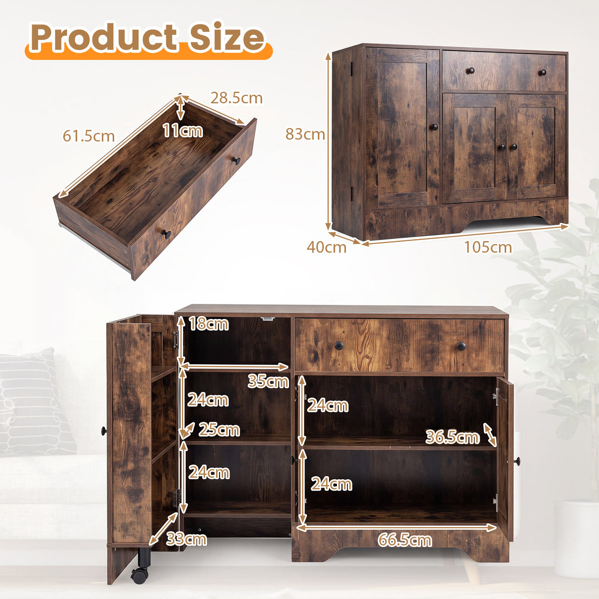 Buffet Cabinet with Storage with 3 Doors Drawers and Shelves-Rustic Brown