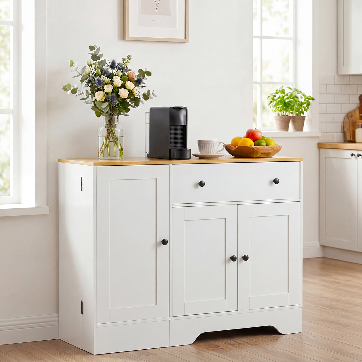 Buffet Cabinet with Storage with 3 Doors Drawers and Shelves-White