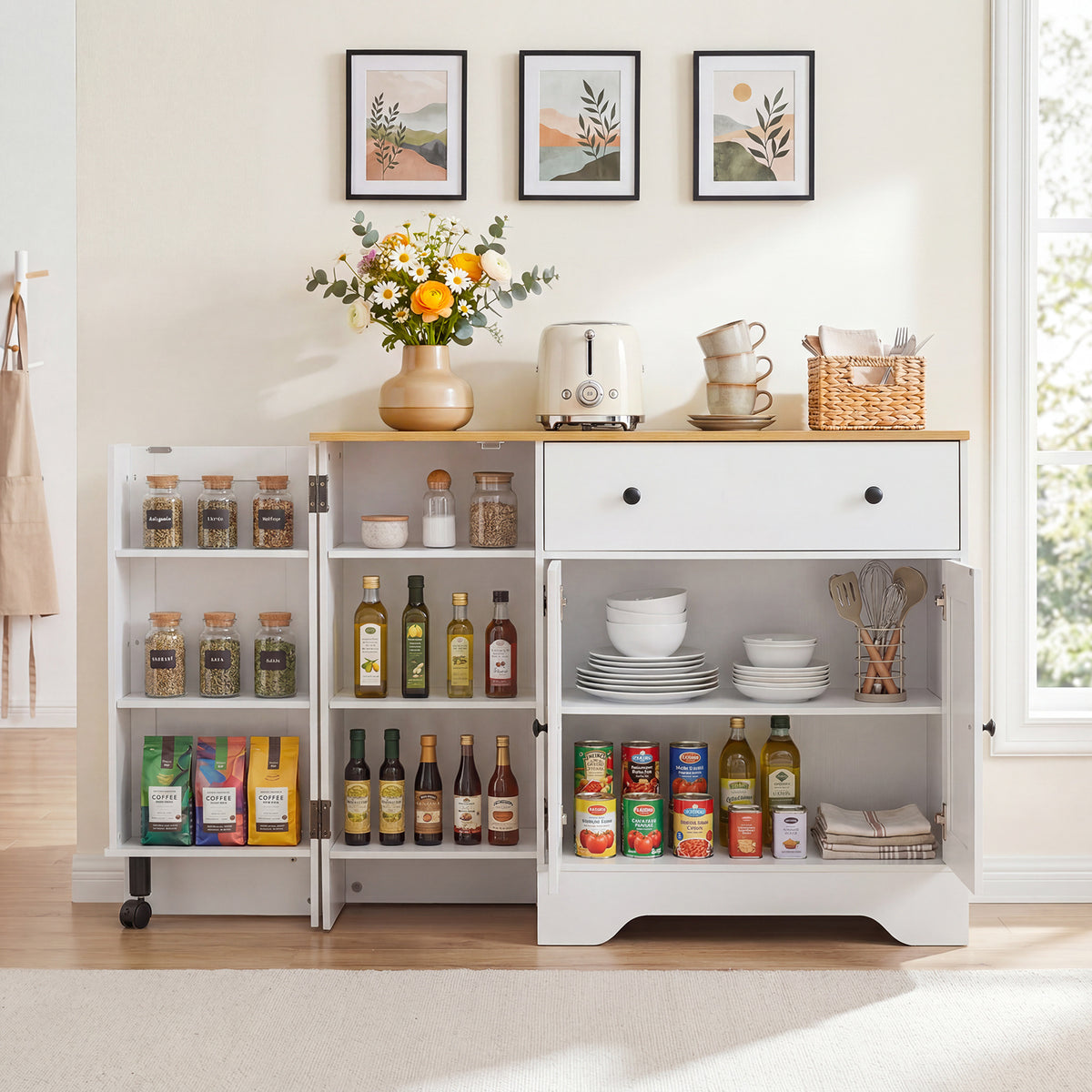Buffet Cabinet with Storage with 3 Doors Drawers and Shelves-White