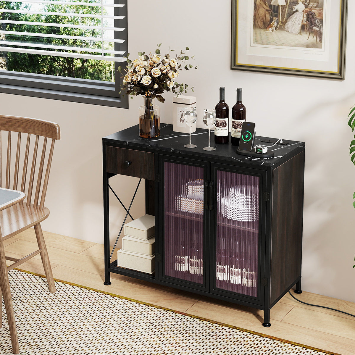 Buffet Sideboard with Power Outlets and LED Light Kitchen Storage Cabinet-Black