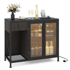 Buffet Sideboard with Power Outlets and LED Light Kitchen Storage Cabinet-Black